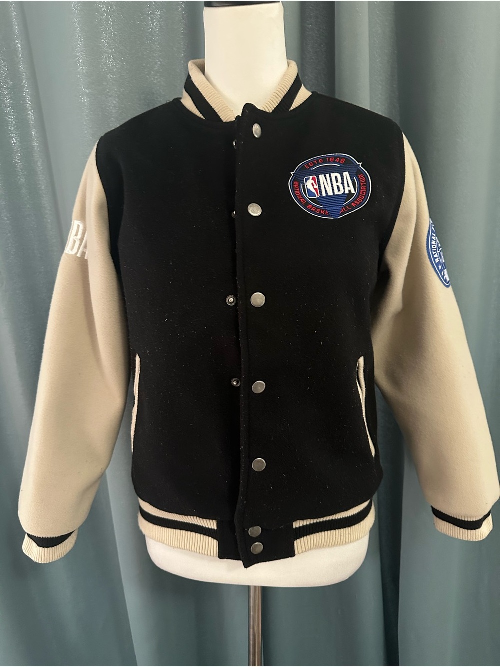 NBA Varsity Jacket Youth 14-16 Black Cream Snap Front Quilted Embroidered